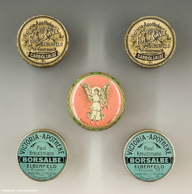 Konvolut 5 x APOTHEKEN BLECHDOSEN aus Wuppertal um 1910