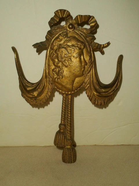 Victorian Brass CAMEO & ROPE TASSEL Curtain Tieback Door Pull Fixture ANTIQUE