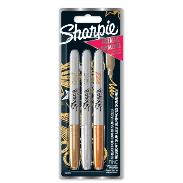 Sharpie Permanent Markers   Fine Tip   Assorted Metallic Colours   3 Count gold,
