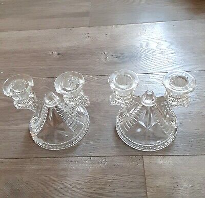 Pair Art Deco pressed glass double candlesticks clear 5X5 bell shape