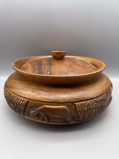 Afrikanischer Stil handgedreht geschnitzt Deckel Holztopf Geschirr Tier Hütte Design