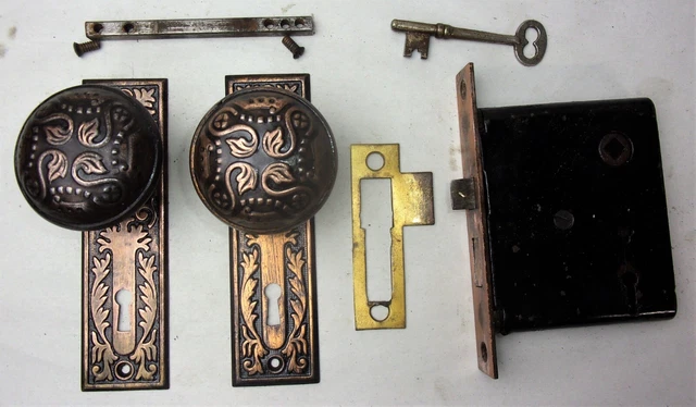 Antique Door Set Victorian / Eastlake Backplate Knob Mortise Lock Key Reclaimed