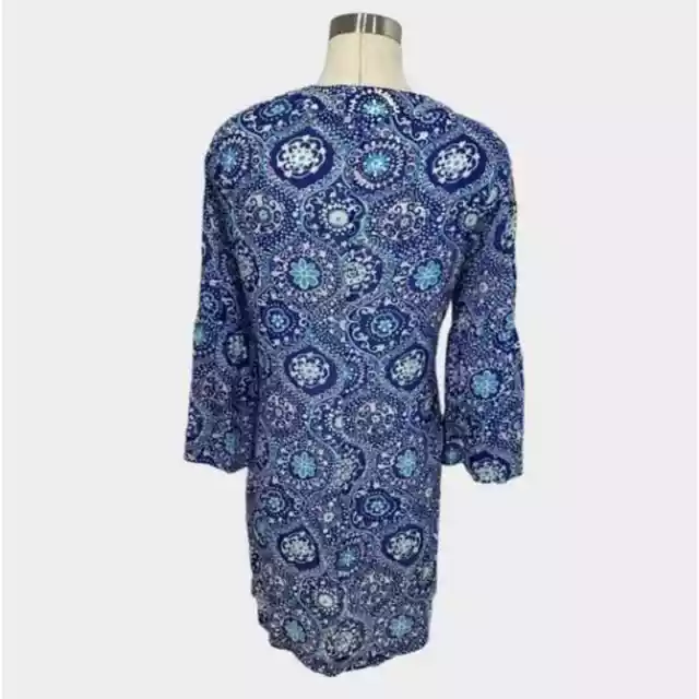 Trina Turk Bonita Silk Mini Shirt Shift Dress 3/4 Bell Sleeve Blue Size 6 3