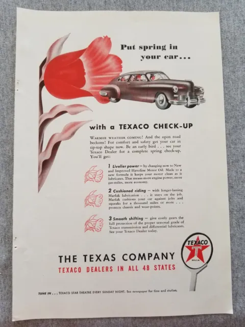 1947 Texaco Spring Car Check-Up Vtg Print Ad Red Tulip Sedan Dealers 48 States