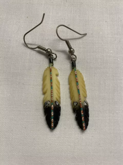 Hand Painted Eagle Feather Earrings Vintage Estate Jewelry Native American
