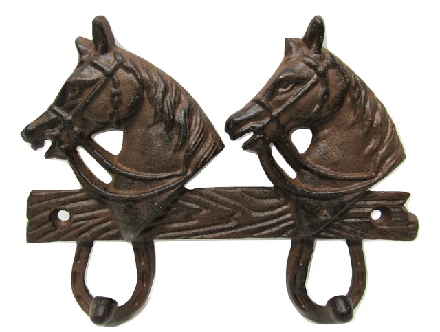 Cast Iron Western Rustic Double Hook Horse Wall Mount 7.25" x 5.5" Coat Hat Rack