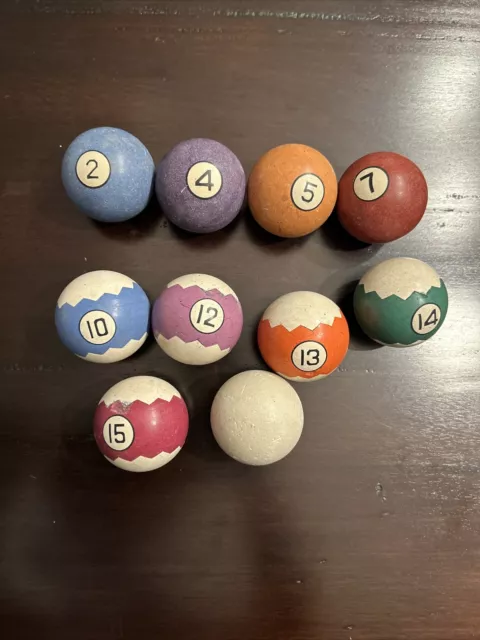 Vintage 9 Zig Zag And Solid Clay Pool Balls And 1 Clay Cue Ball