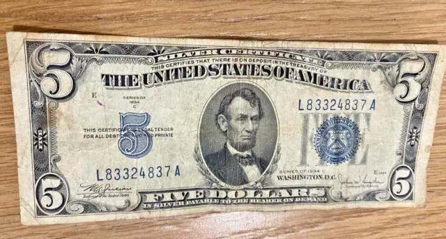 1934-C $5 Silver Certificate Paper Money Blue Seal Note Circulated Currency