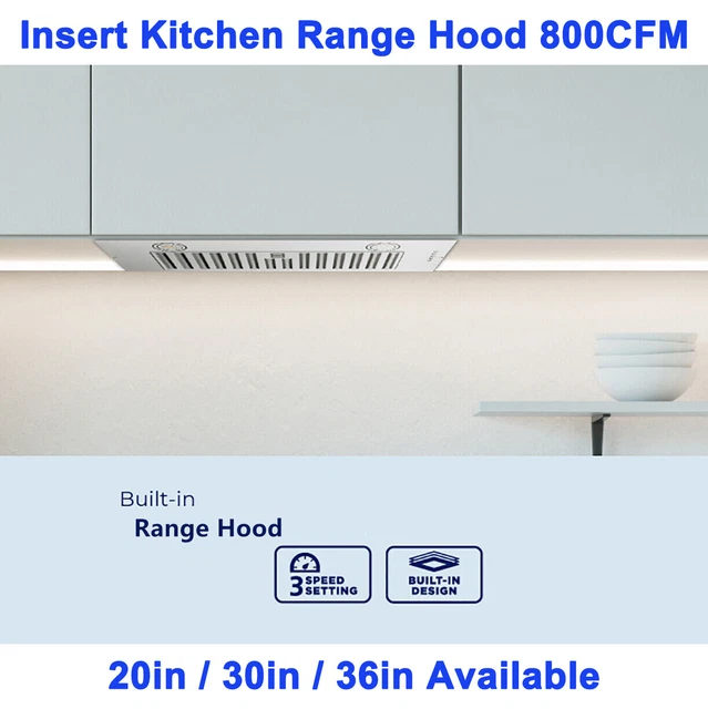 30 inch Insert Range Hood Stainless Steel 800CFM 3Speed Fan w/LEDs