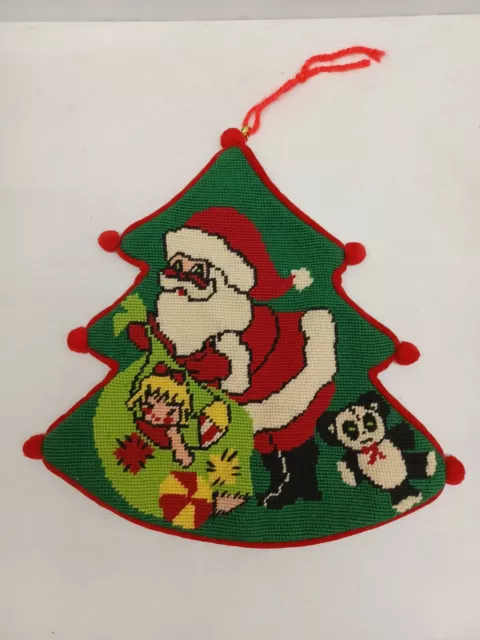 Vintage Needlepoint Christmas Tree Santa  Hang Door Wall Completed Pom Pom