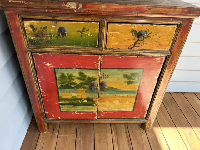 Oriental Antique Red Chinese  Cabinet Asian Lacquer Side Table