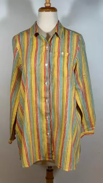 GUDRUN SJODEN Cotton LS Yellow Red Blue Striped Button Front Blouse Size M