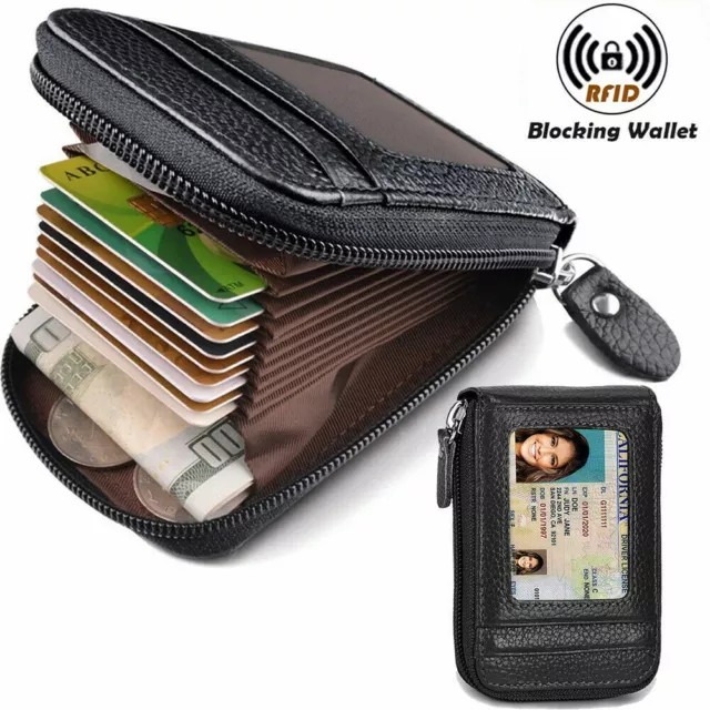 Mens Genuine Leather Wallet Credit Card Holder RFID Blocking Thin Zipper Pocket