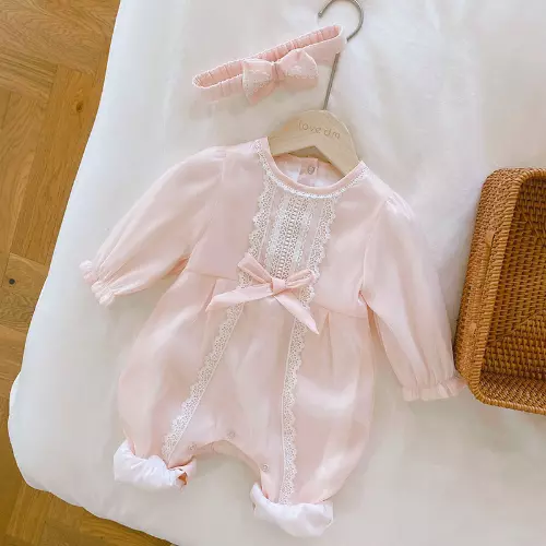 0-24M  Baby Girl Romper Lace Stitching Long Sleeve Infant Baby Girls Jumpsuit