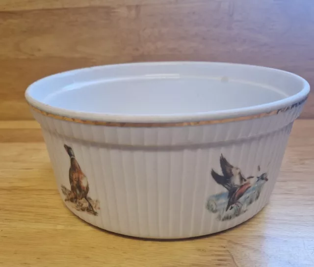Apilco France Vintage Porcelain Souffle Dish With With Game Birds & Hare on side