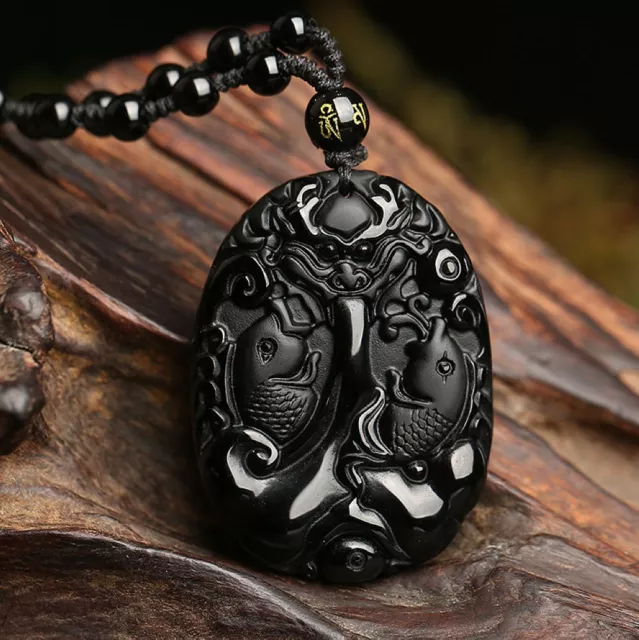 Natural natural black Obsidian fish koi necklace pendant bead with chain