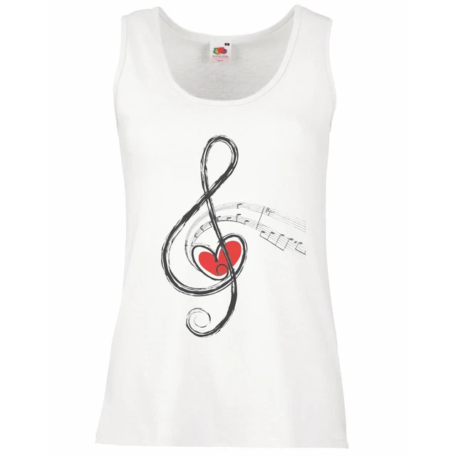 Ladies White Love Music Bass / Treble Clef Symbol Love Heart Vest