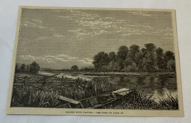 1878 Revista Grabado ~ Idlings Con Naturaleza~ Pequeño Barco Sobre Shore De