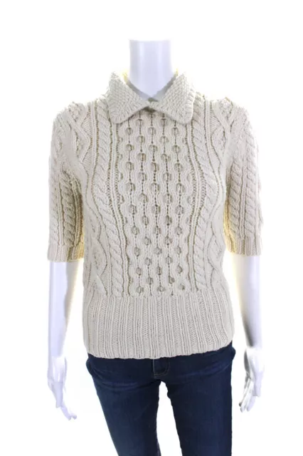 Michael Kors Collection Womens Cable Knit Short Sleeves Sweater White Size Small