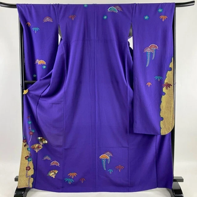 Japanese Kimono Furisode Pure Silk Folding Fan Gold Paint Purple Color