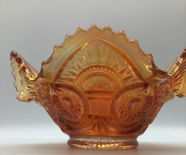 Carnival Glass Bowl Marigold Iridescent Gold/Orange Luster Twin Pattern Vintage 