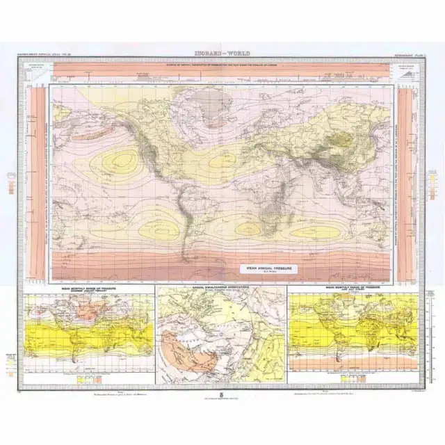 WORLD MAP Isotherms; Mean Annual Pressure - Antique Map 1899