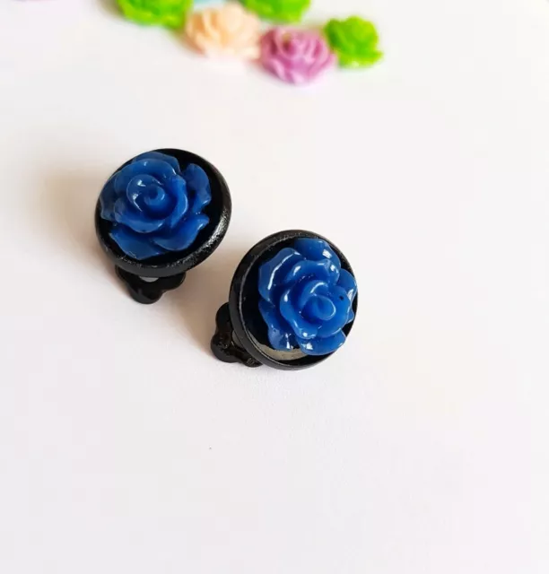 orecchini donna a clip handmade fatto a mano fiori fimo unico nero blu