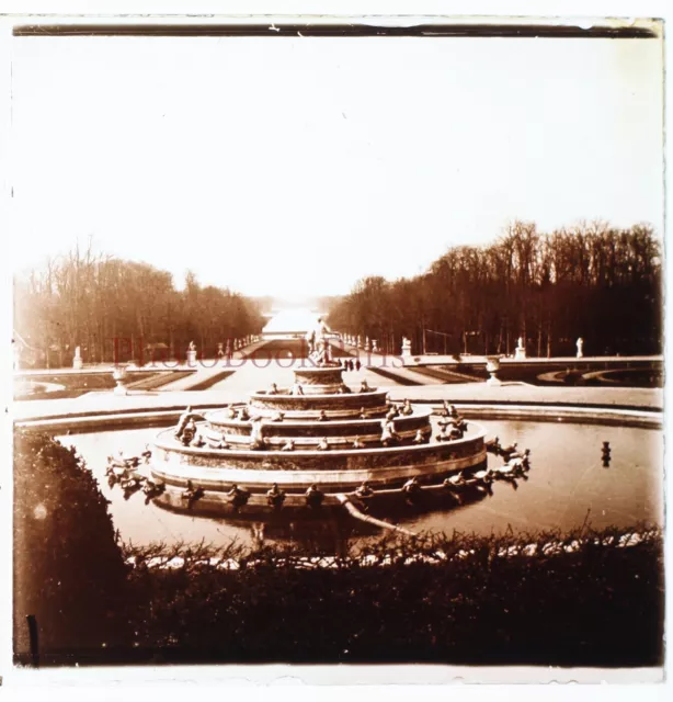 FRANCE Versailles Bassin Statues c1925 Photo Plaque de verre Stereo Vintage
