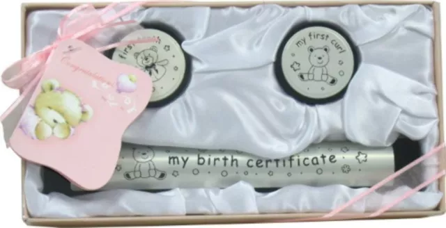 Baby First Tooth, Curl and Birth Certificate Holder Gift Set Pink