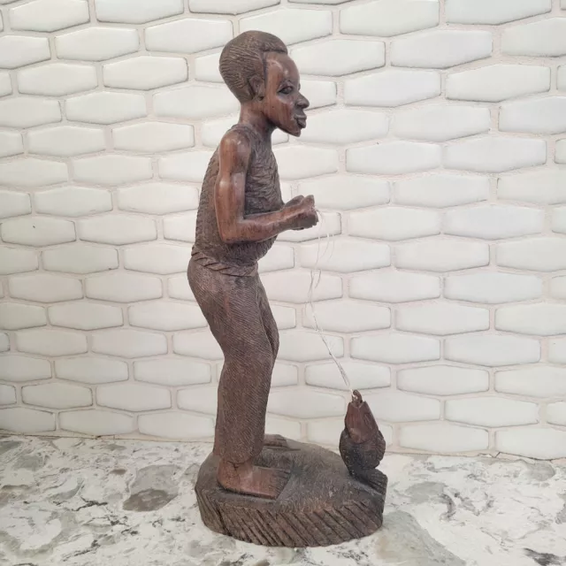 Hand Carved Wood Sculpture Black Man Fishing 12"