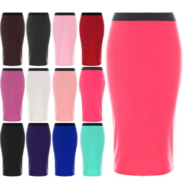 Womens Office Work Plain Pencil Stretchy Skirt Ladies Bodycon Midi Skirt