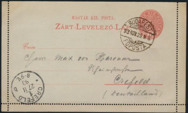 Ungarn Ganzsache Kartenbrief K4II postal stationery Budapest Foposta n. Krefeld