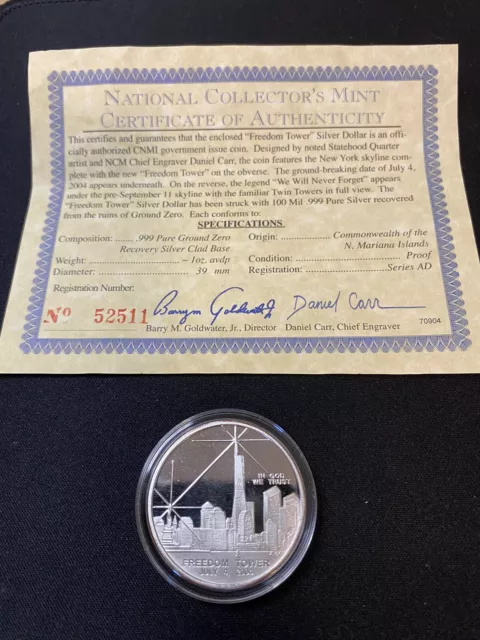 Freedom Tower July 4 2004 We Will Never Forget Silver Dollar Coin W/Certificate