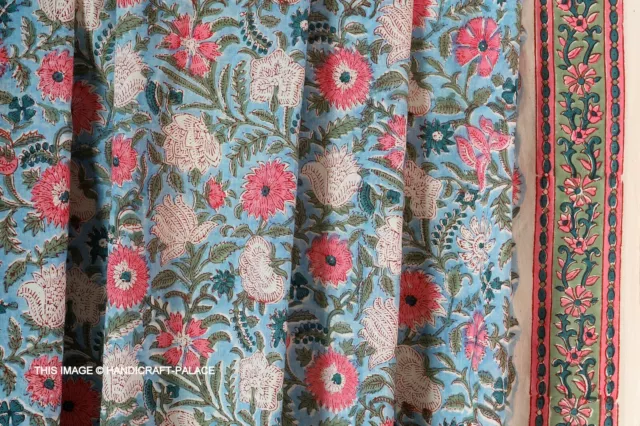 5 Yard Hand Block Print Handmade Cotton Indian Natural Flower Print Fabric Blue