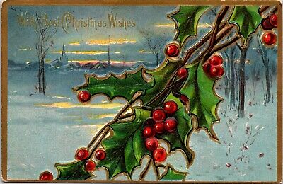 With Best Christmas Wishes Winter Town Scene Holly c1908 Embossed Postcard