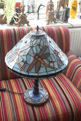 Lovely Vintage Tiffany Style Dragonfly Stained Painted Glass Table Desk Lamp