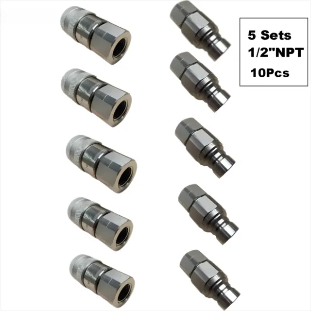 AGT 5 Sets 1/2" Flat Face Hydraulic Quick Connect Couplers Couplings Skid Steer
