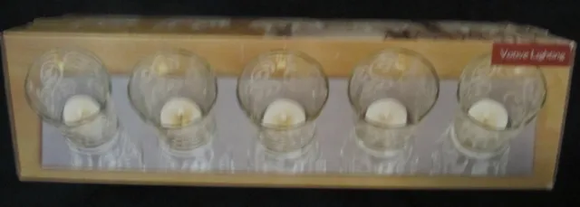 NIB Elements Set of 5 Votive Candle Holders Silver Swirls Mirrored Tray
