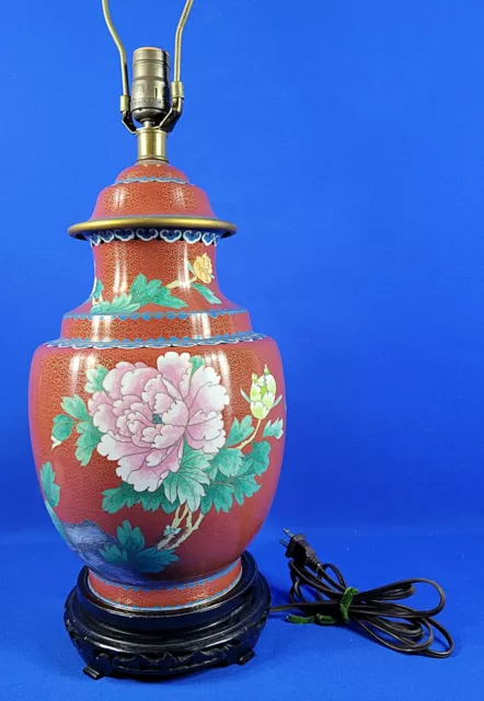 Red Peony Lidded Flower & Birds Urn Cloisonne(14" tall) with Wood Base Lamp