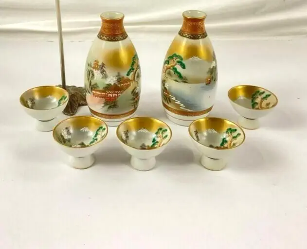 Antique Japanese Porcelain Sake Tea Set Signed Kutani Ware