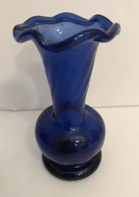 Cobalt Blue Small Glass Bud Vase ruffed Rim Hand Blown Vintage