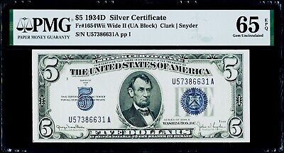 $5 1934D Silver Certificate Wide II Fr#1654Wii PMG 65 EPQ Gem Uncirculated
