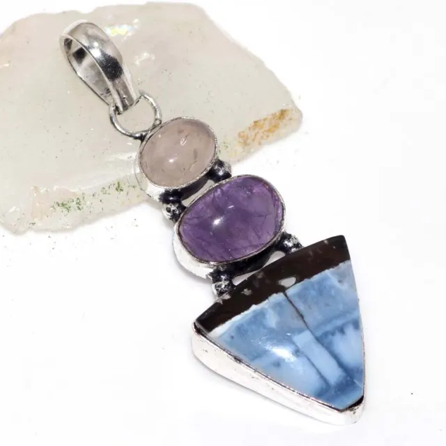 Owhyee Blue Opal Amethyst Long Gemstone Pendant 2" Independence Day Gifts AU K84