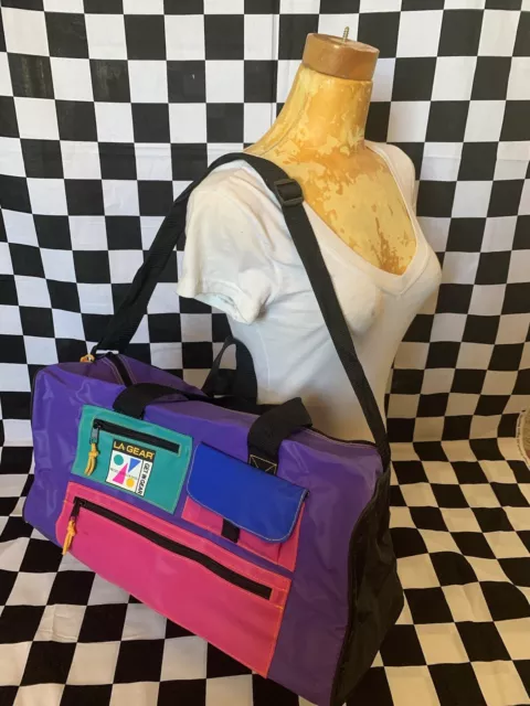 Vintage L.A. Gear WRIST BAND 90s Neon Pink Teal Purple Pop Duffel Gym Tote BAG