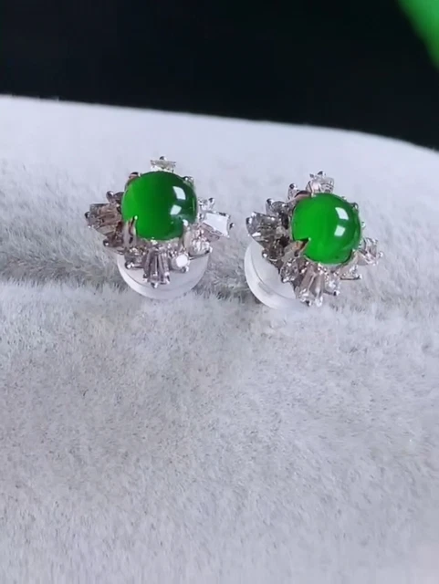 18K White Gold Fine Jade Diamonds Emerald Icy Green Jadeite Earrings 0608