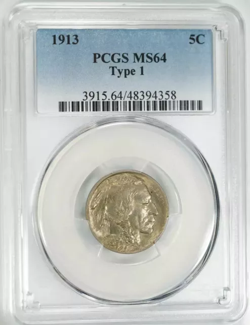 1913 Buffalo Nickel 5C Type 1 Pcgs Certified Ms 64 Mint State Uncirculated (358)