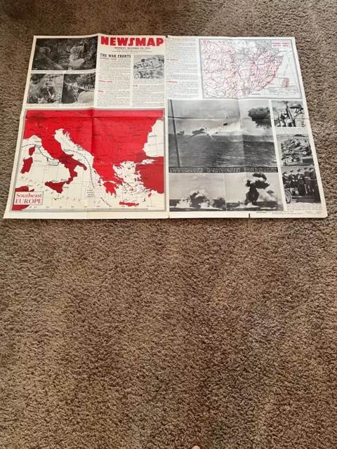 Vintage Original 1943 Ww Ii Newsmap Large War Fronts Map 36" X 48" ( Tarava )