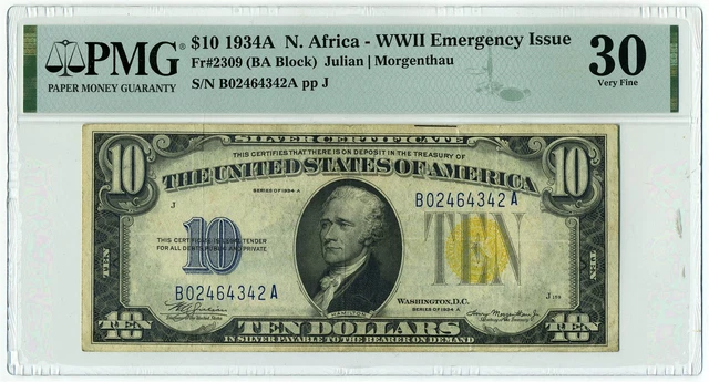 FR. 2309 1934A $10 N Africa Silver Certificate WWII Emergency Issue PMG VF 30