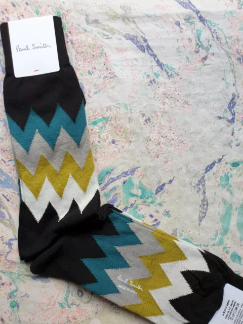 Paul Smith Mens Italian Socks Nuka Zig Zag Black Green K719 One Size Cotton Mix