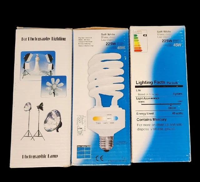 Photographic Lamp Light Bulbs 45w Spiral Daylight Soft White 5000k Set of 3 NIB